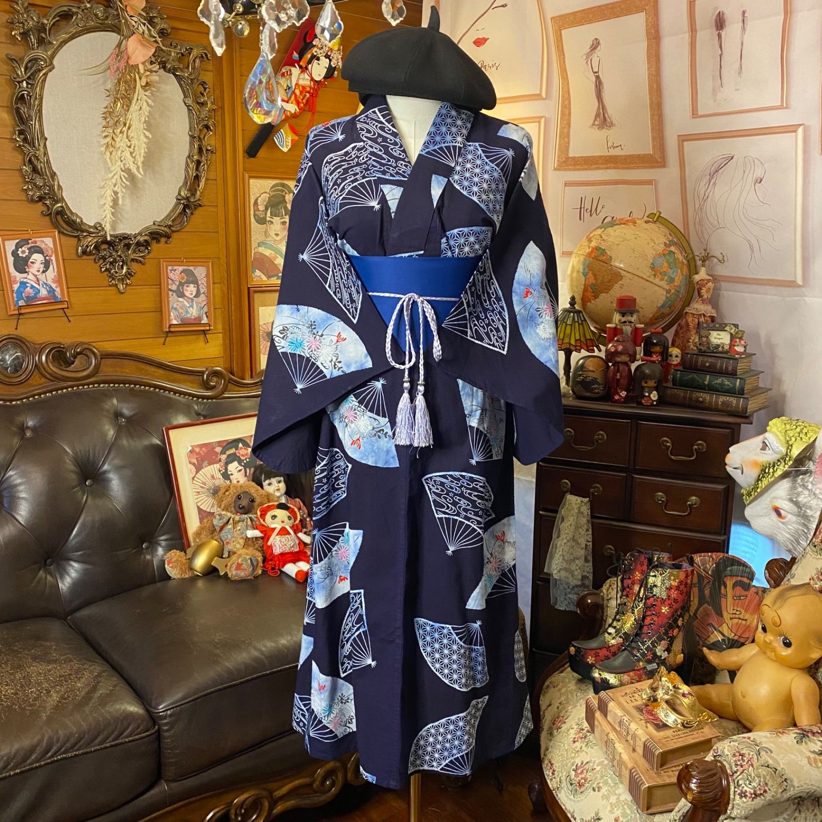 藍染 浴衣リメイク セミロング ワンピース ドレス 帯サッシュ