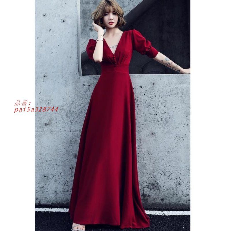 ウエディングドレス ロングドレス ナイトドレス パーディードレス 結婚式 二次会 ピアノ 演奏会 発表会 成人式 大きいサイズ 披露宴 袖あり 舞台用 Vネック pai5a328744