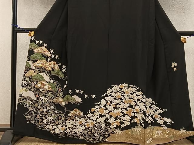 GON様ご確認用正絹黒留袖　作家物　花車文　金彩　② 平和屋着物□豪華黒留袖 総駒刺繍 御所車花文 金銀彩 正絹 逸品
