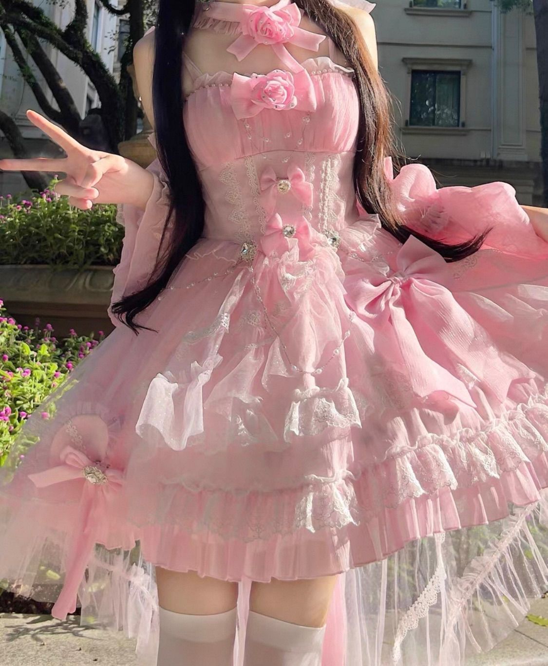 ピンク透け感ワンピース フリル高低差スカート