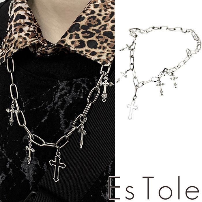 EsTole ユニセックス2wayクロスチェーン ネックレス ウォレットチェーン アクセ シルバーアクセ 十字架 大きめ メンズ レディース モード系 カジュアル ストリート ゴシック ロック パンク 個性的 きれいめ 原宿系 青文字系 エストール KOSEIHAファッショングループ ...
