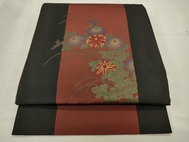 平和屋着物◎中国三大刺繍 相良刺繍 太鼓柄袋帯 草花文 黒地 金彩 正絹  