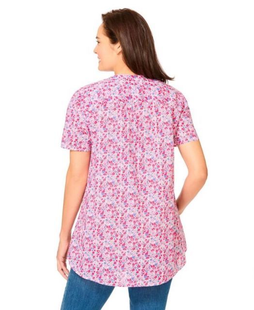 【品質数量】 送料無料 ウーマン ウィズイン レディース シャツ トップス Women s Plus Size Pintucked Half-Button Tunic Sunset pink blooming ditsy