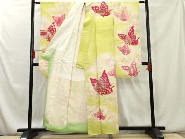 平和屋着物□豪華振袖 駒刺繍 舞蝶文 暈し染め 金銀糸 金銀彩