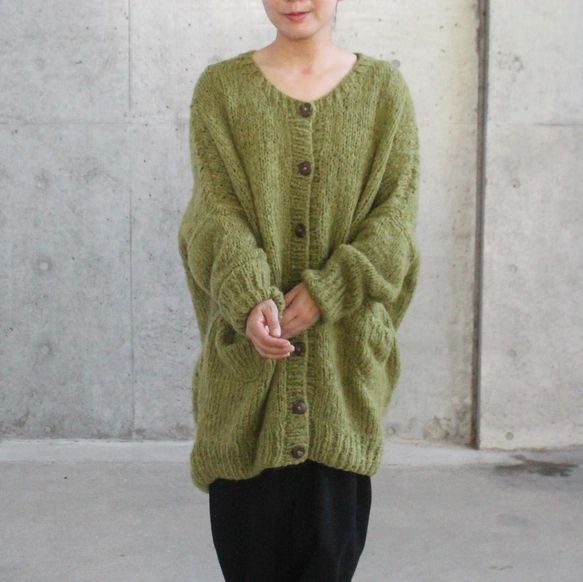 つつむ 手編みモヘアロングカーディガン●若草オリーブ