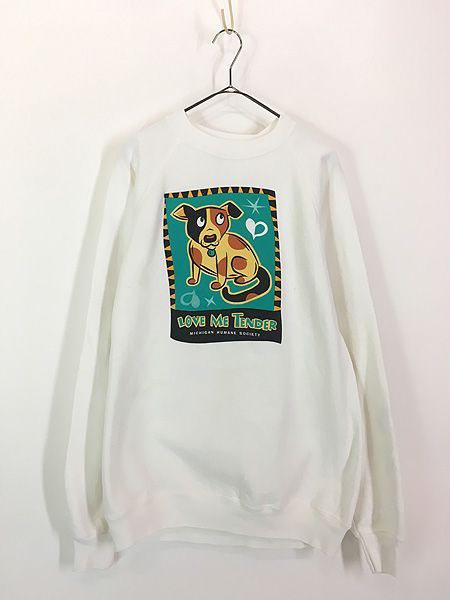 古着 90s USA製 「Love Me Tender」 犬 わんちゃん アニマル ポップ アート スウェット トレーナー XL 古着 
