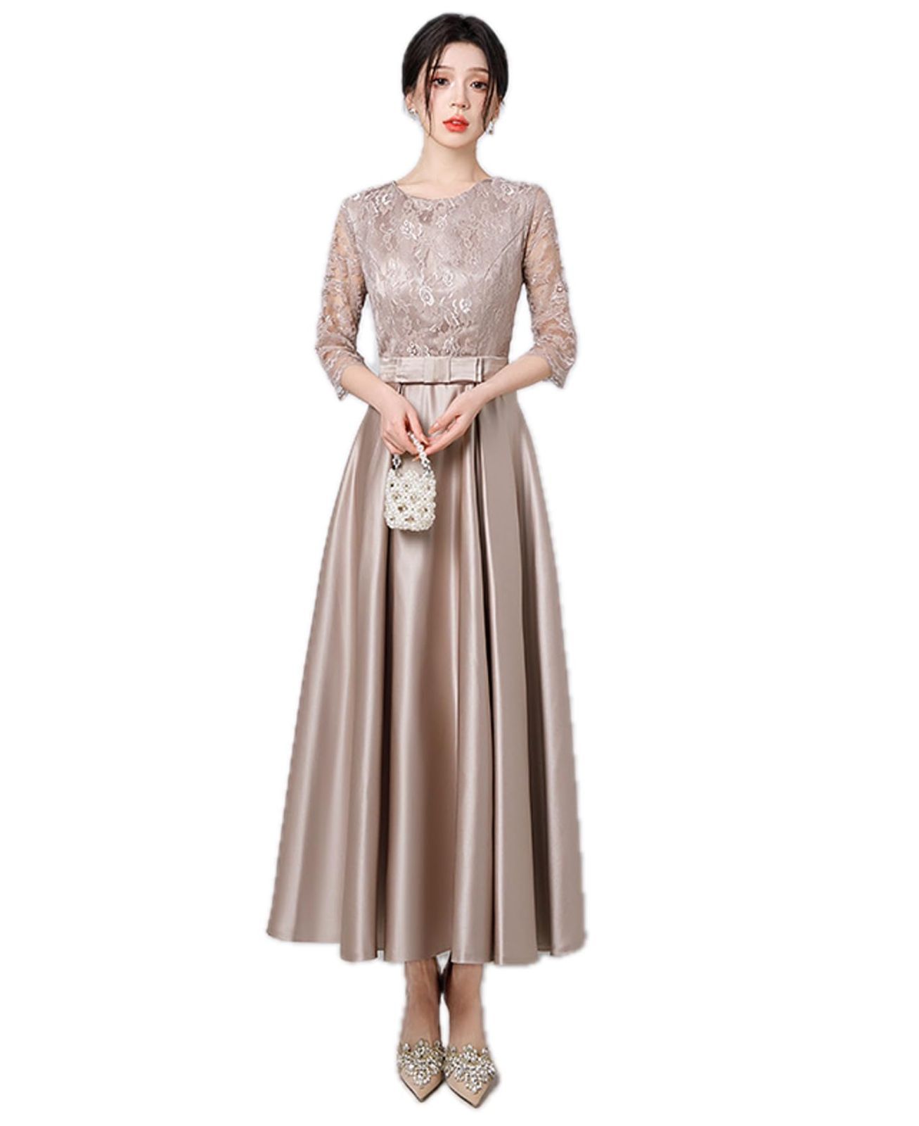 Sybilla Vネック ウエストリボン マキシ丈ワンピース ドレス