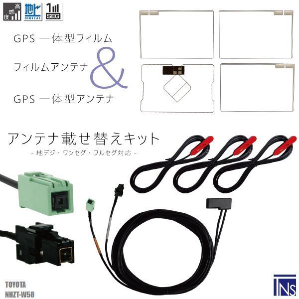 トヨタ TOYOTA ナビ NHZT-W58 対応 VR1 端子 GPS一体型ケーブル 1本 & スクエア型フィルムアンテナ 右2枚 左1枚 & GPS一体型フィルム 1枚 & アンテナコード 3本 セット 地デジ ワンセグ フルセグ 高感度