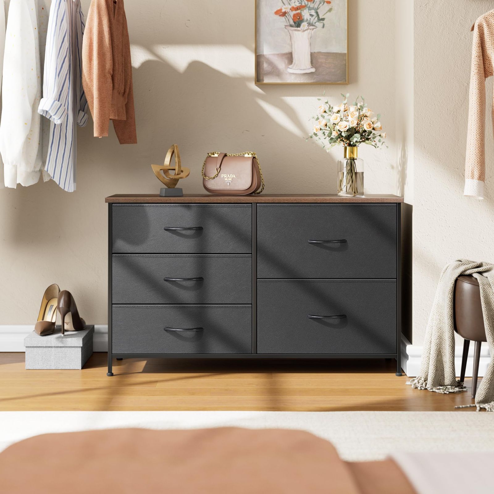 Nicehill チェスト タンス 収納チェスト オーガナイザー 収納ケース 衣類 キッズ ベイビー用ワイドチェスト 衣類収納 木製天板 組立簡単 3段5杯 奥行き30㎝ x 幅100.0㎝ x 高さ61.0㎝ ブラック