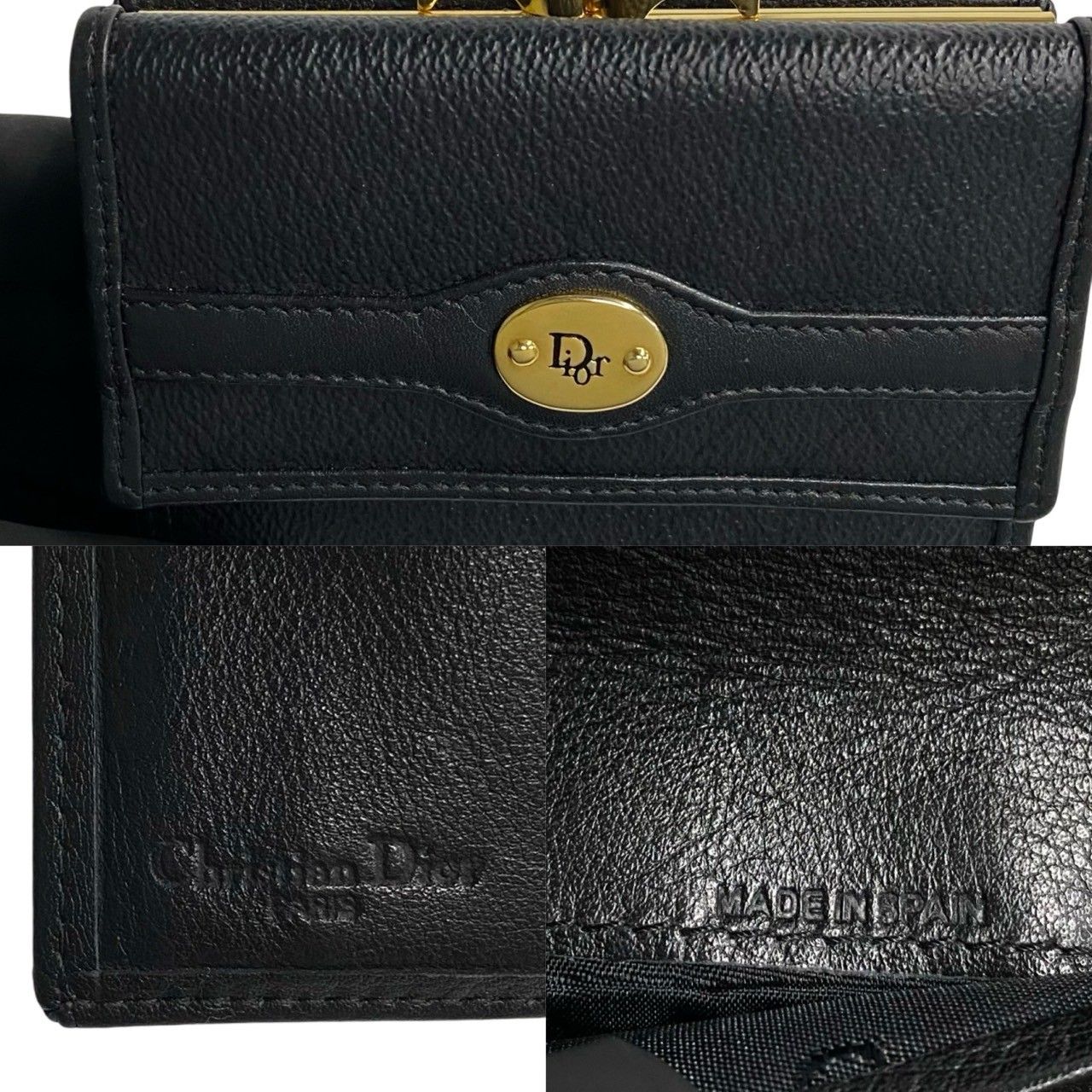 極美品 クリスチャンディオール レザー 折り財布 がま口 ロゴ金具 ブラック 黒 ほぼ未使用 希少品 Christian Dior ディオール ロゴ 金具 レザー