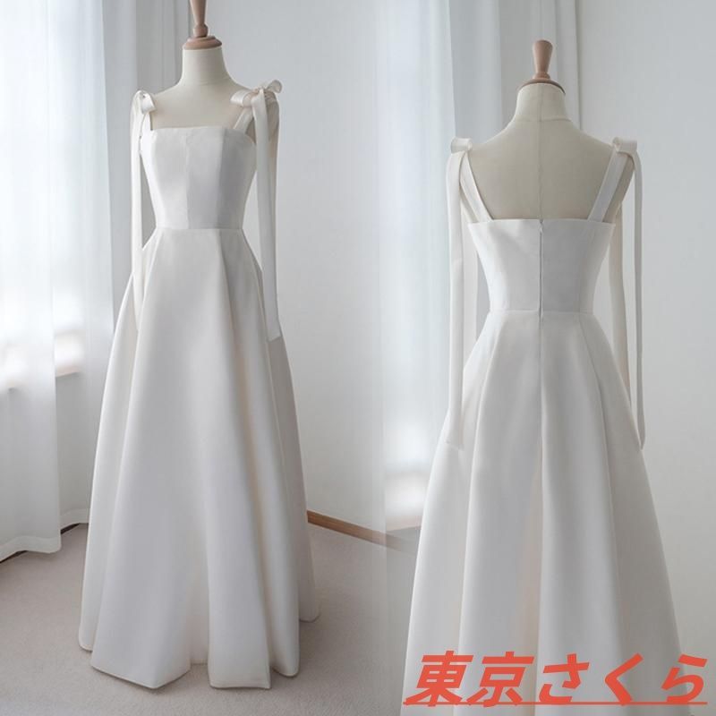 ウェディングドレス ロングドレス Aラインドレス ノースリーブ 二次会 結婚式 前撮り 花嫁 ウエディングドレス サテン ファスナー リボンqwert352