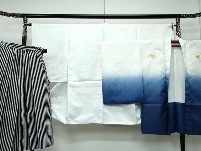 平和屋着物 上 男性 袴下着物 紋付き羽織 行灯袴セット 舞台衣装 花菱地紋 白地 洗える着物 CZAA3663s5