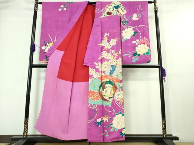 平和屋本店□極上 アンティーク 大正ロマン 振袖 駒刺繍 扇面