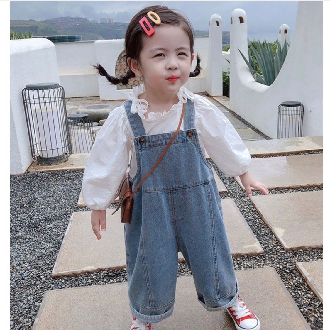 ワイドシルエット9分丈デニムサロペット オーバーオール パンツ 子供服