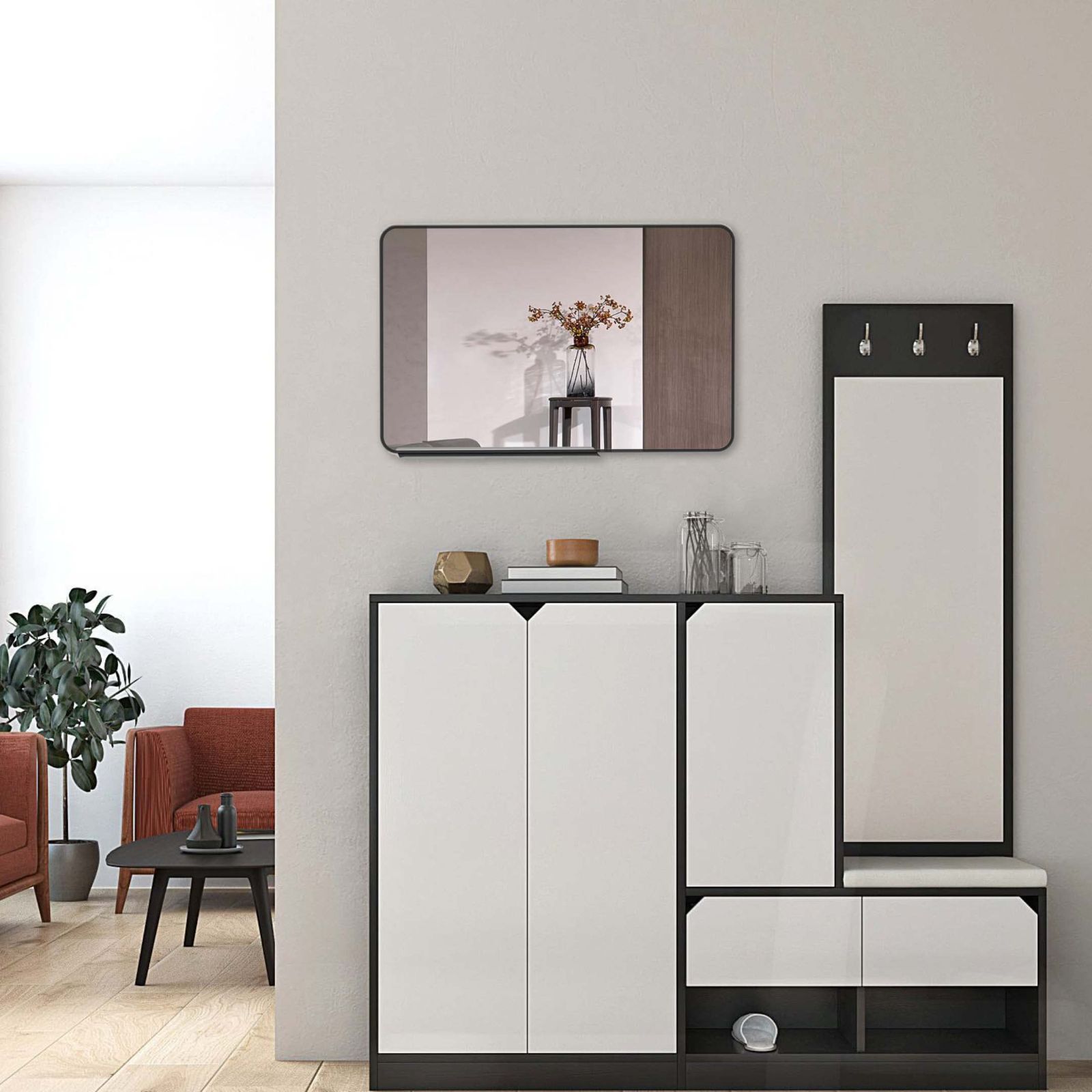 新着商品 ウォールミラー ウォールミラー 水平または垂直に掛けられる ブラックフレーム 18インチ モダンな壁掛けミラー x 28 バスルーム用 角が丸い 棚付き WONSTART