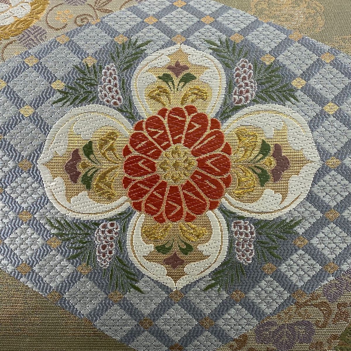 袋帯 秀品 関西仕立て 草花 花菱 金糸 刺繍 青灰色 六通 正絹
