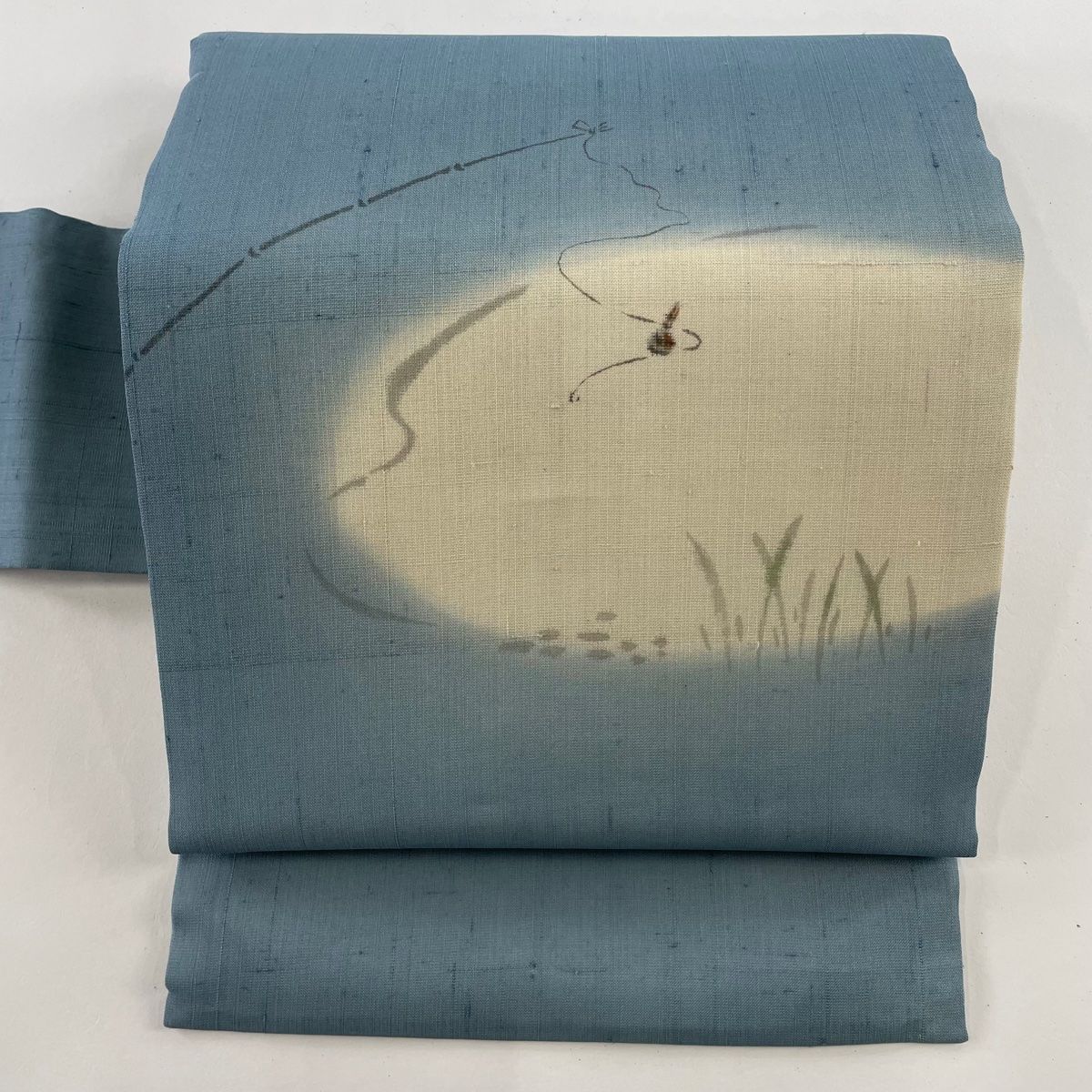 名古屋帯 美品 名品 夏紬地 夏帯 釣り 水草 青灰色 正絹 【】