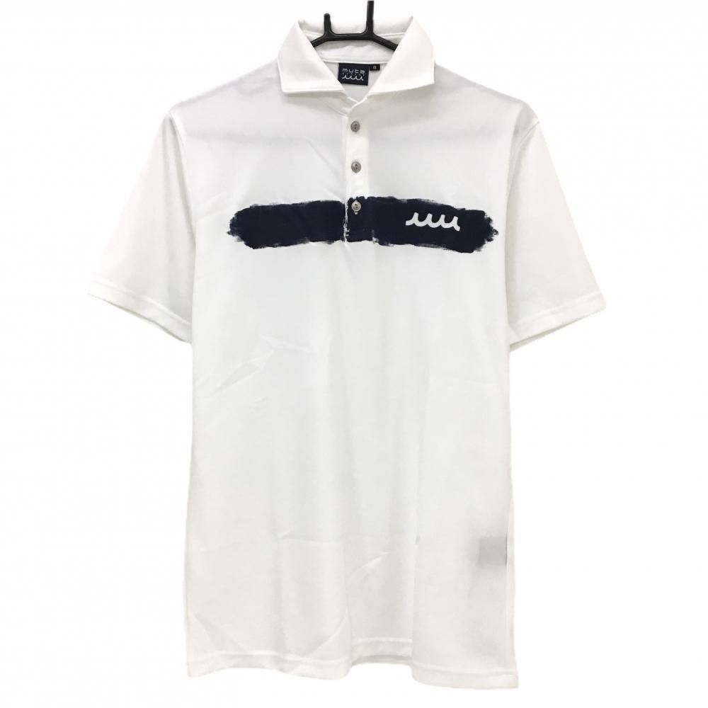 超美品】ムータマリン 半袖ポロシャツ 白×ネイビー 胸元ライン メンズ