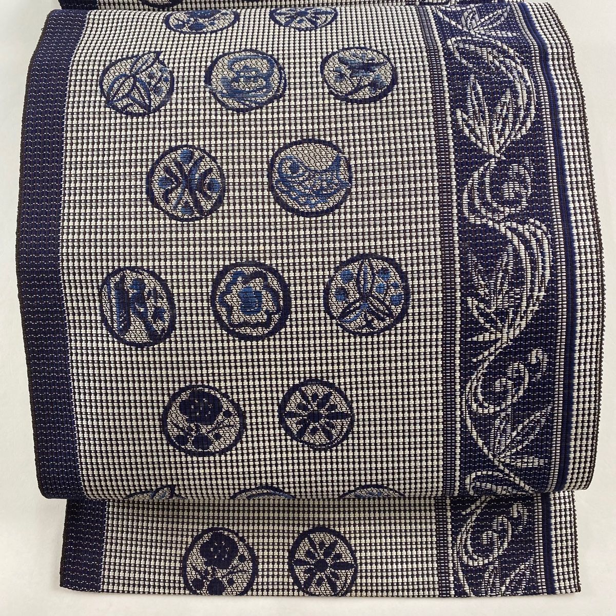 名古屋帯 名品 八寸名古屋帯 松葉仕立て 花鳥 魚 紺色 正絹