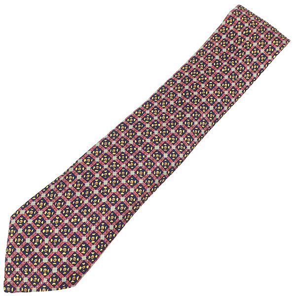 エルメス HERMES ネクタイ 総柄 9cm シルク レッド×ネイビー 赤