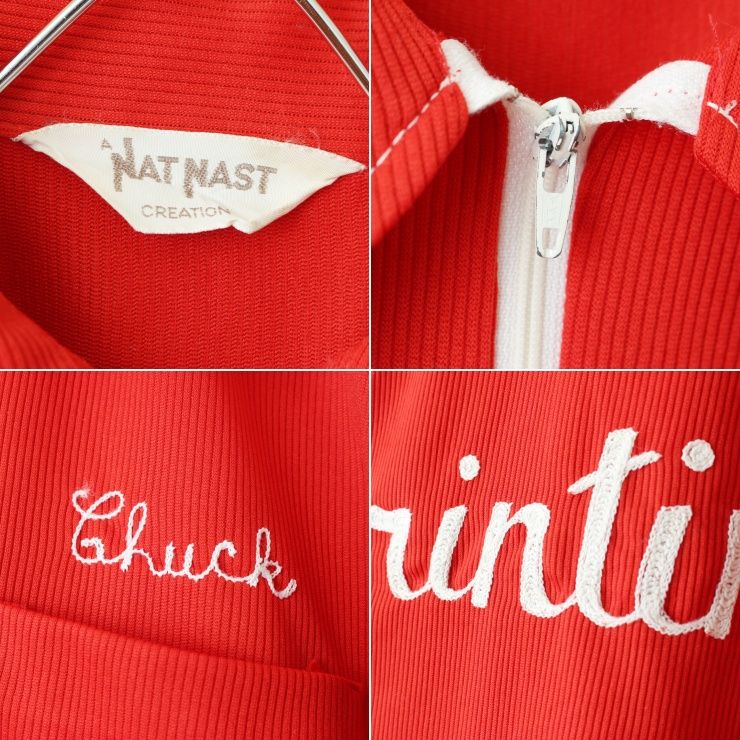 70s 80s USA製 NATNAST ハーフジップ ボウリング シャツ レッド
