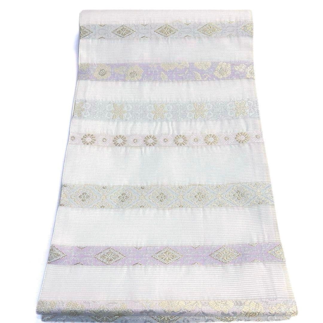 未着用 袋帯 夏用 絽 西陣織 横縞 花菱 白地 金糸 着物 092a p - メルカリ