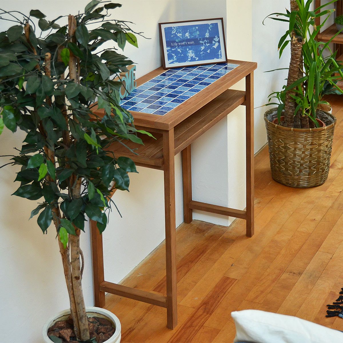 カウンターテーブル 北欧ナチュラル 木製テーブル モザイクタイル カフェテーブル カウンターテーブル 幅90cm おしゃれ 木製 天然木 北欧 レトロ タイル