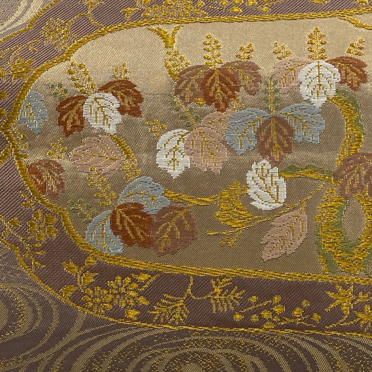 袋帯 逸品 北出与三郎 本袋 桐 向かい鳥 金糸 刺繍 灰紫 六通