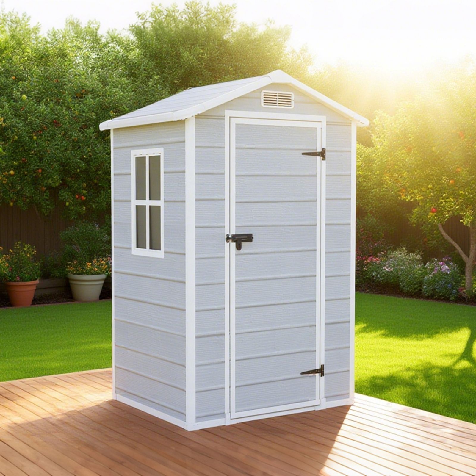 Donext 物置 屋外 樹脂製 倉庫 幅128×奥行105×高さ195cm 1900L 大型物置 戸外収納庫 窓付き 床板付き 防水|耐侯 ガーデン|庭|田畑|農場 頑丈 大容量 ライトグレー