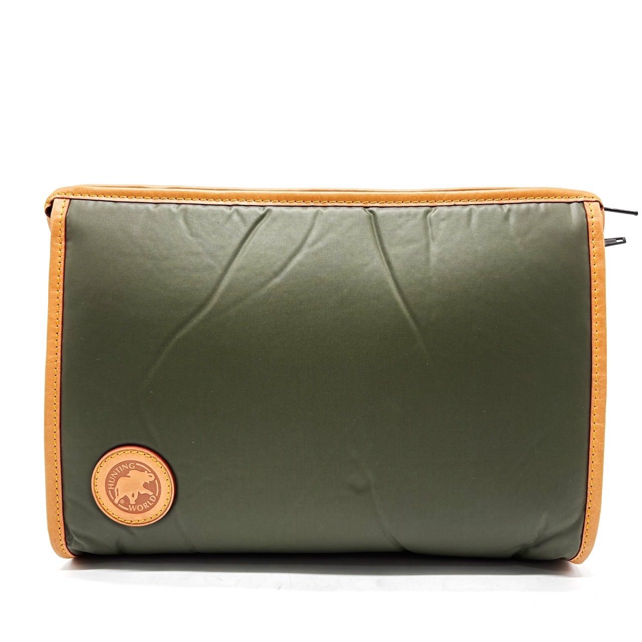 HUNTINGWORLD ハンティングワールド クラッチバッグ ポーチ ハンドバッグ バチュークロス レザー 革 グリーン 緑色 ベージュ 肌色 ロゴパッチ ユニセックス 男女兼用 メンズ レディース
