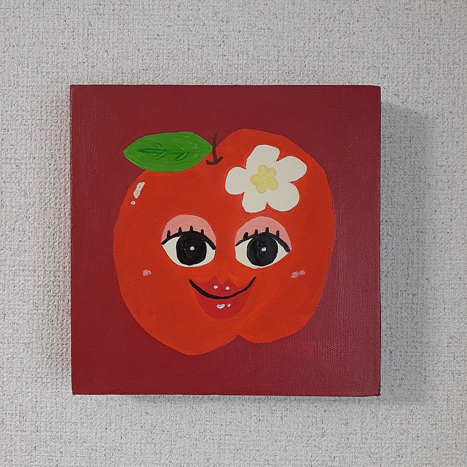 ハッピーあっぷるちゃん　油絵　画家　小楠アキコ作品　20×20cm　キャンバス ハッピーあっぷるちゃん 油絵 画家 小楠アキコ作品 20×20cm キャンバス