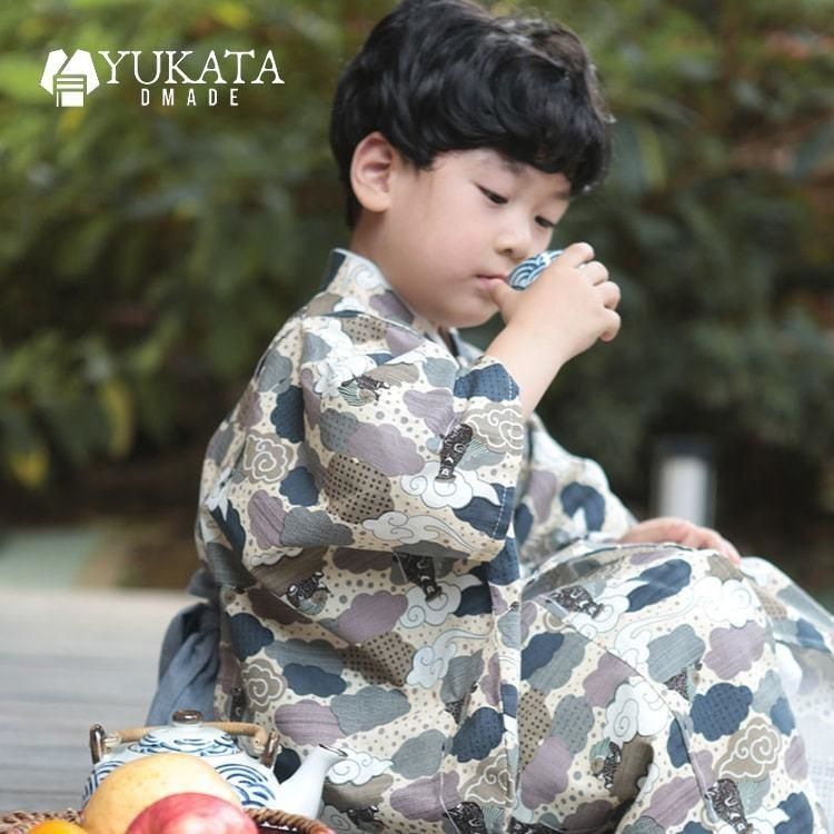 浴衣 子供 男の子 瑞雲 キッズ 2点セット 浴衣 兵児帯 ベージュ 中華風 浴衣セット キッズ レトロ 子供服 夏祭り 古典 花火大会 2025