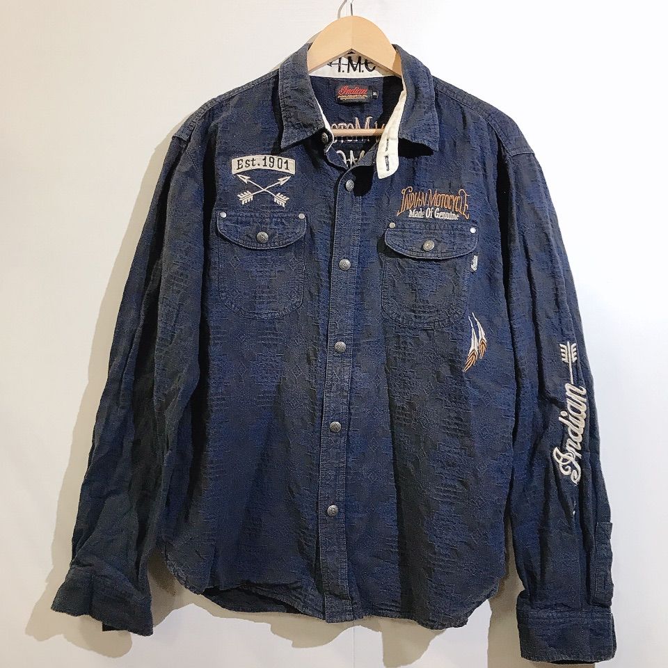 Indian Motocycle インディアンモトサイクル シャツ ネイビー 長袖 刺繍 トップス メンズ XLサイズ