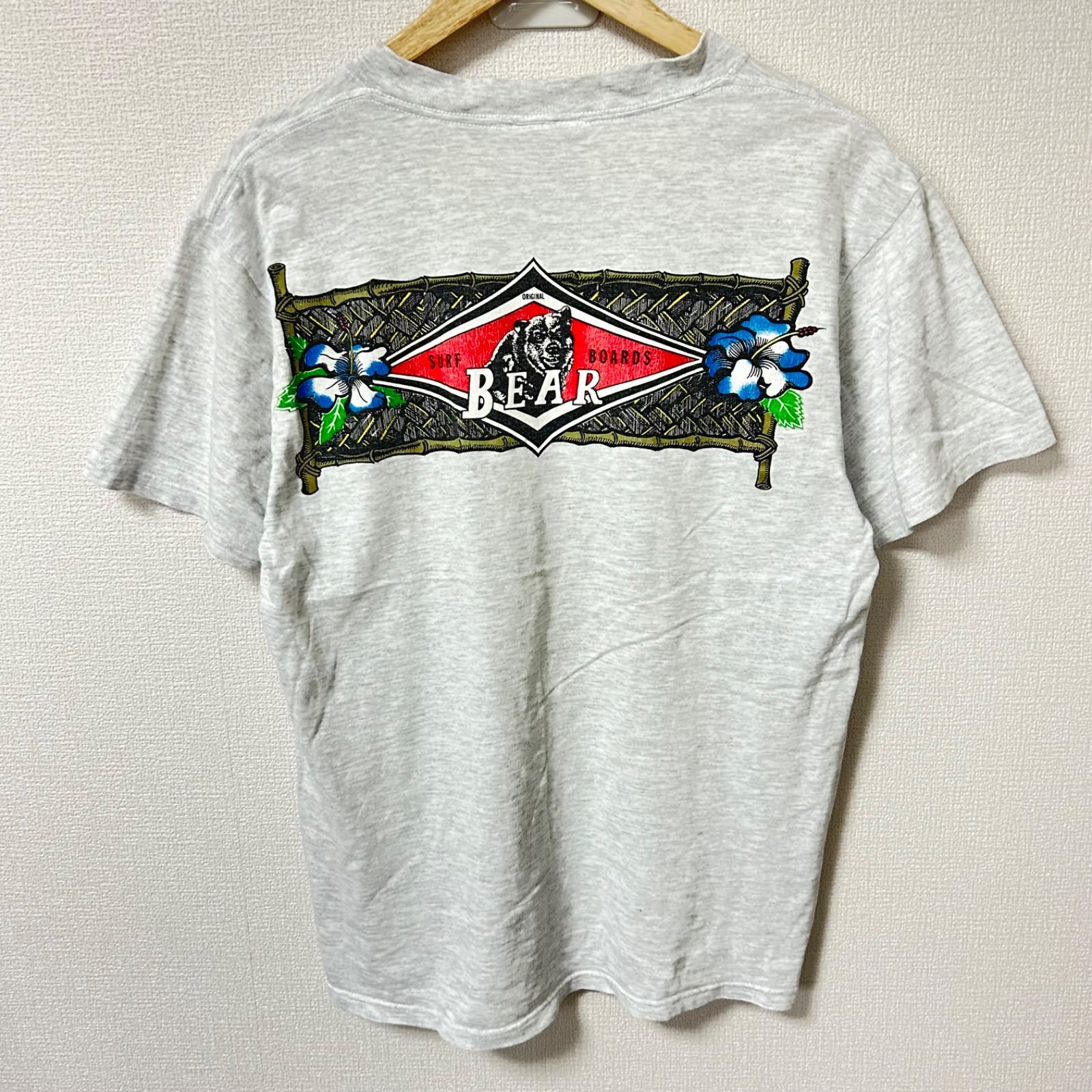 USA製(^w^)b BEAR ベアー クルーネック 半袖Tシャツ 80s 90s ヴィンテージ コットン 綿100% バックプリント サーフ ストリート アメカジ 古着MIX デイリー タウンユース ライトグレー メンズ