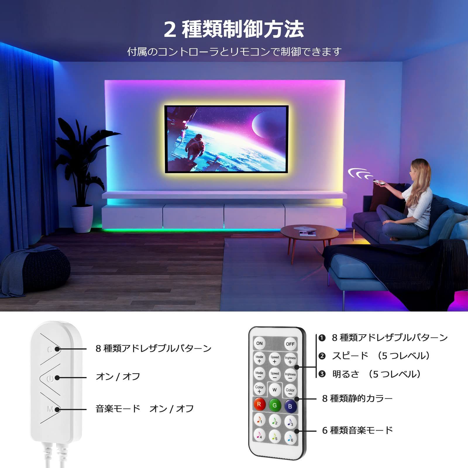 Lepro ledテープライト MagicColor 流れるテープ 虹色 アドレサブル