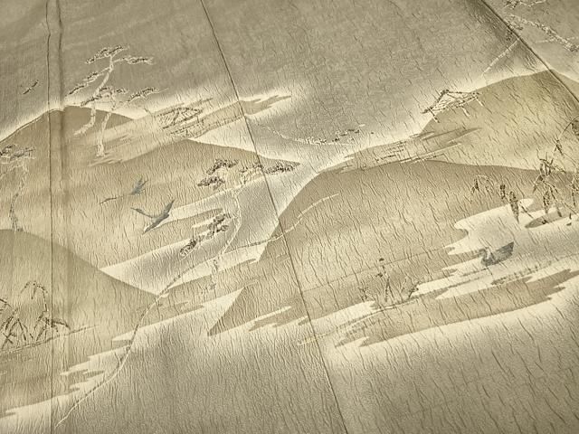 平和屋着物▽訪問着 単衣 ふくれ織 飛鶴風景文 正絹 逸品
