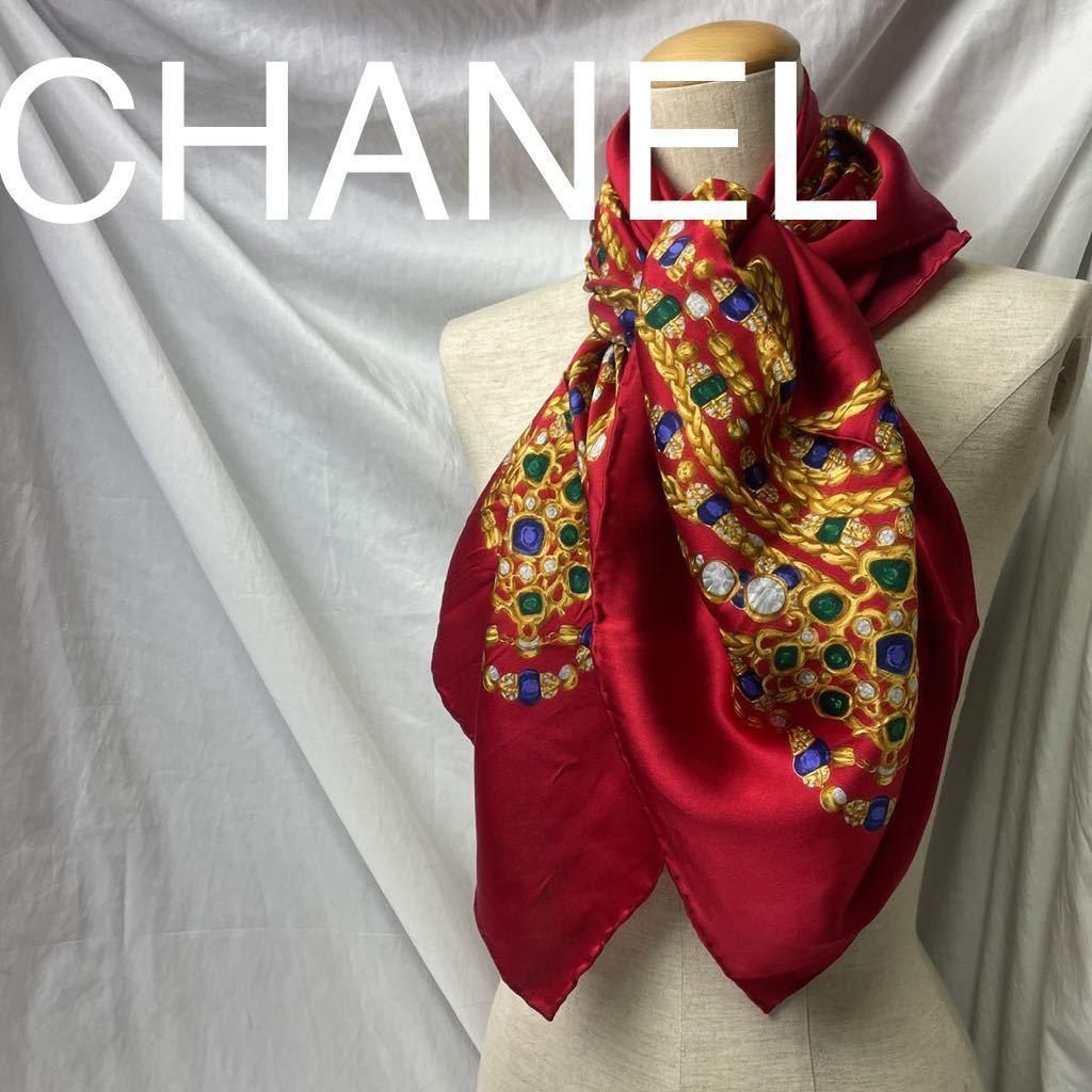 CHANEL シャネル スカーフ レッド 大判 宝石-