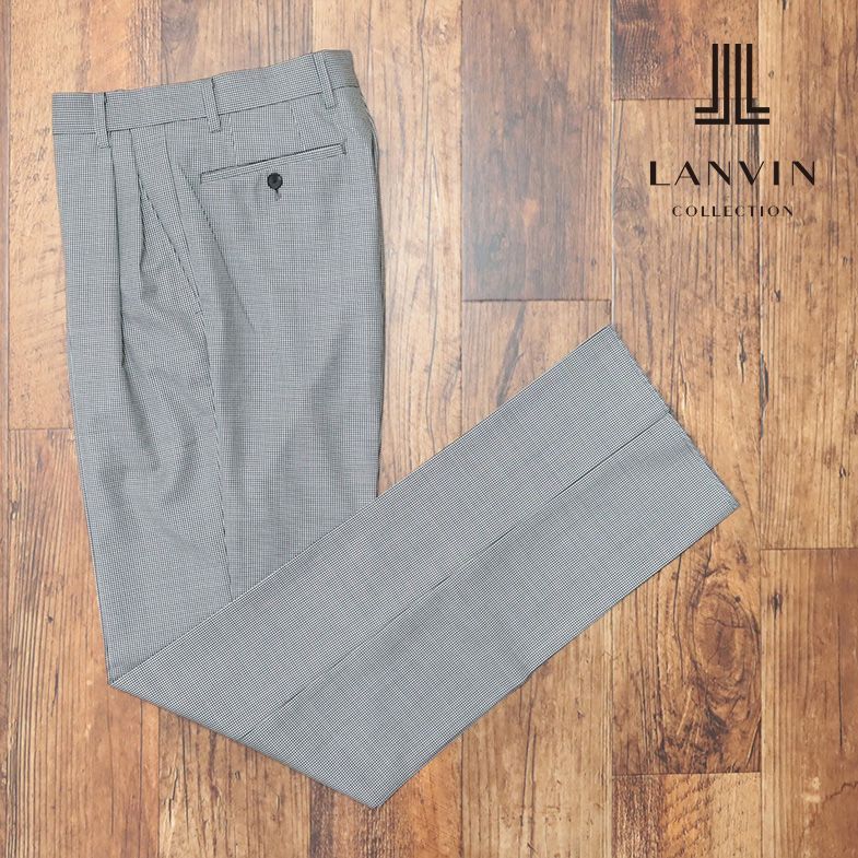 春夏/LANVIN COLLECTION/52サイズ/スラックス パンツ なめらか 清涼サマーウール 千鳥格子 ツータック 日本製 新品/黒×白/ib185/