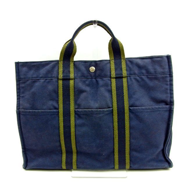 HERMESトートバッグ フールトゥMM ネイビーハンドバッグ コットン