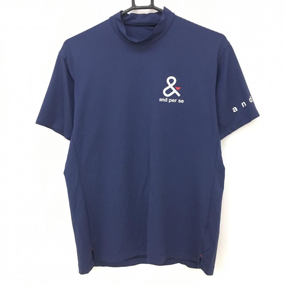 【美品】アンパスィ 半袖ハイネックシャツ ネイビー×白 ロゴ総柄  メンズ M ゴルフウェア and per se 超美品】アンパスィ 半袖ハイネックシャツ ネイビー×白 ロゴ