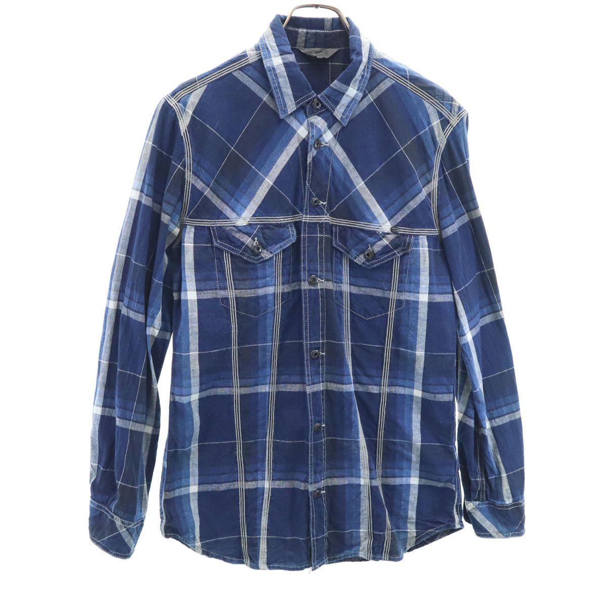 DIESEL ディーゼル チェック柄 長袖 シャツ S ネイビー メンズ 古着 
