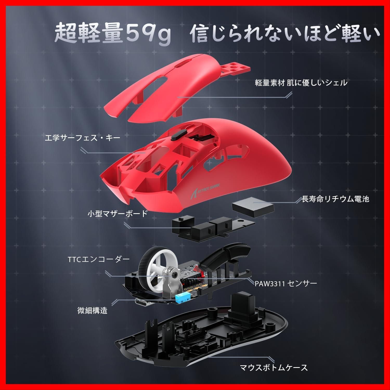 エルゴノミックデザイン 赤色マウス 本体 18000DPI 無線 PAW3311 超軽量59g 2.4Ghz/Bluetooth/Type-C 充電