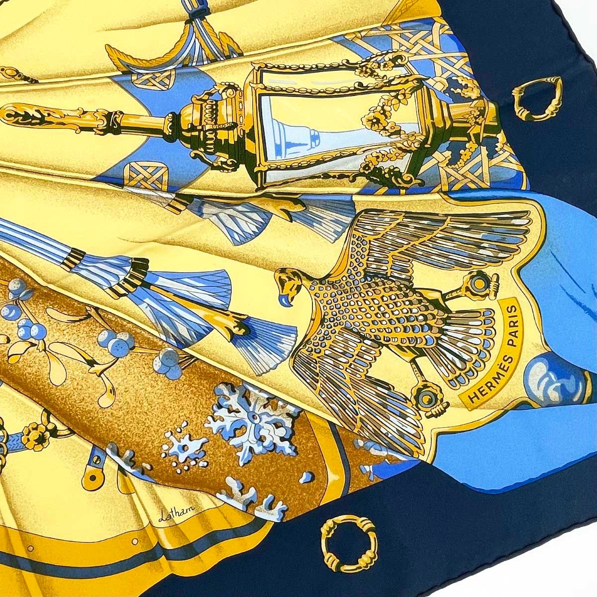 HERMES エルメス カレ90 soleil de soie スカーフ ネイビー×イエロー