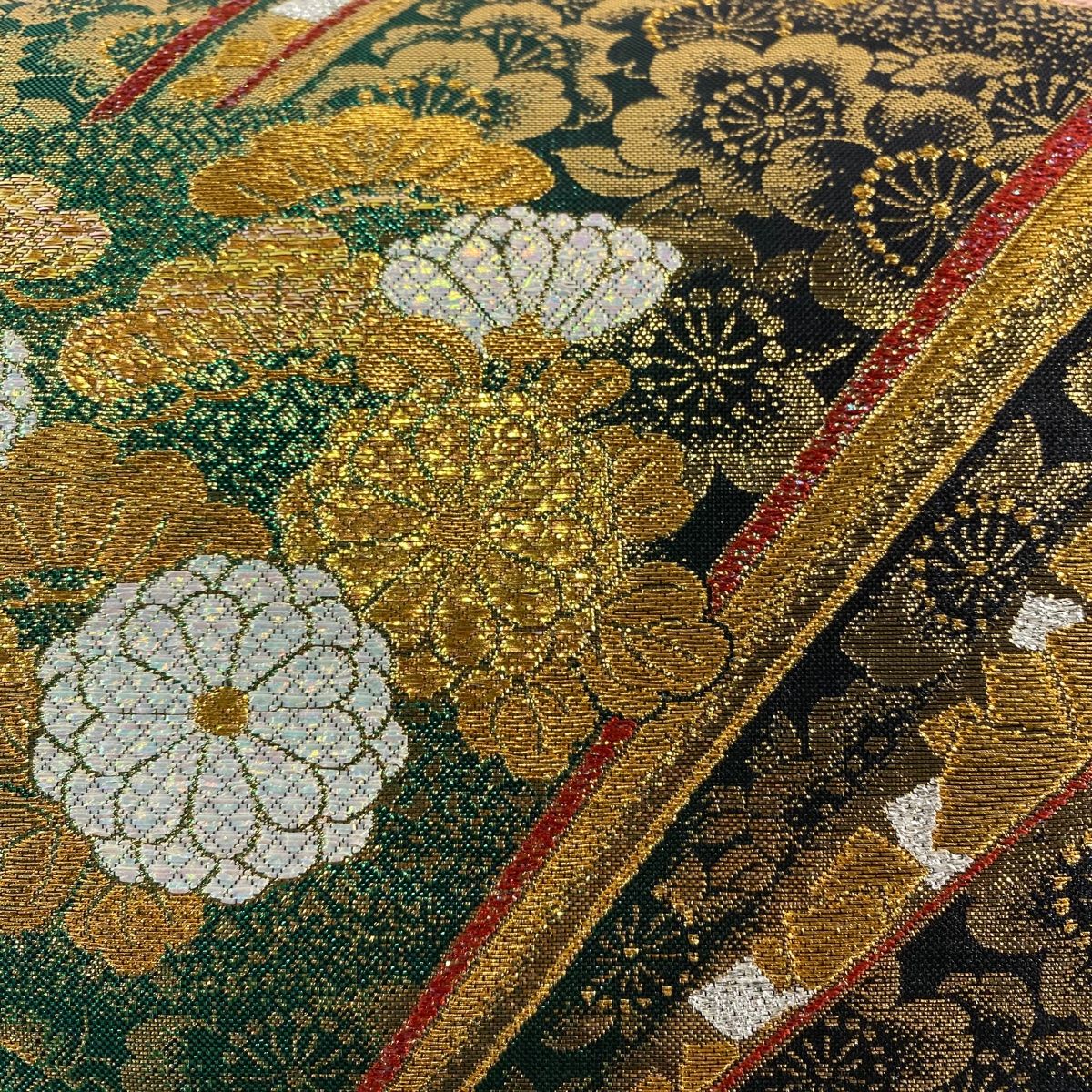 袋帯 秀品 振袖向き 草花 箔散らし 金糸 箔 墨色 六通 正絹
