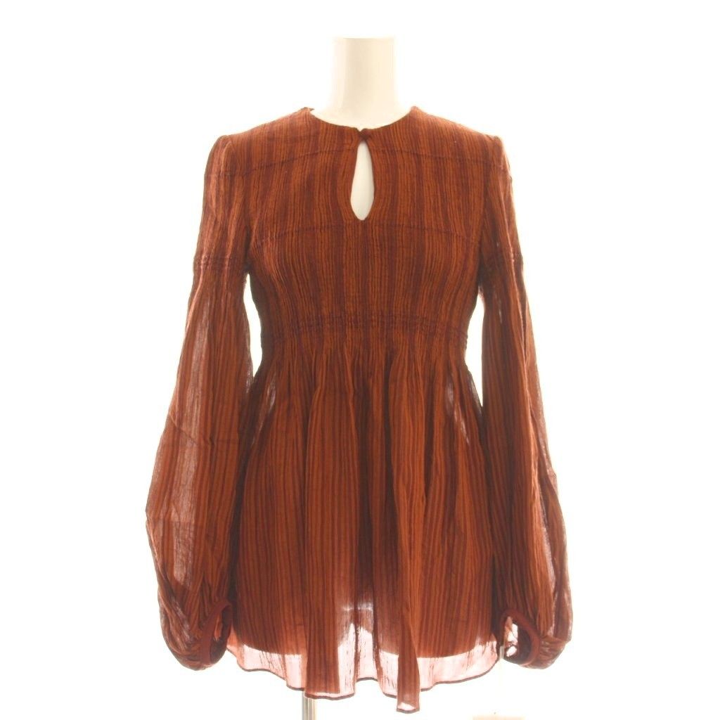 マメクロゴウチ Mame Kurogouchi 23SS Stripe Shirring Jacquard Puff Sleeve Top トップス ブラウス 1 オレンジブラウン ブラウンレッド |DO OS