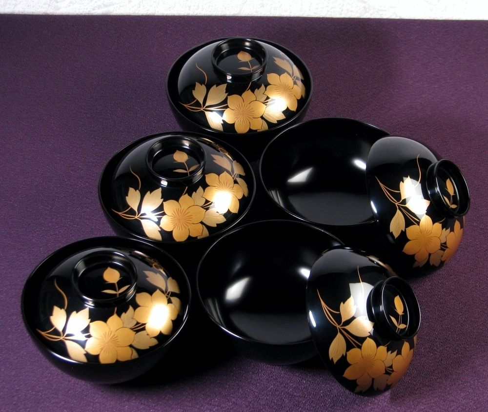 輪島塗 木製 鉄線蒔絵吸物椀5客 幅 cm 共箱 共紙 25j028