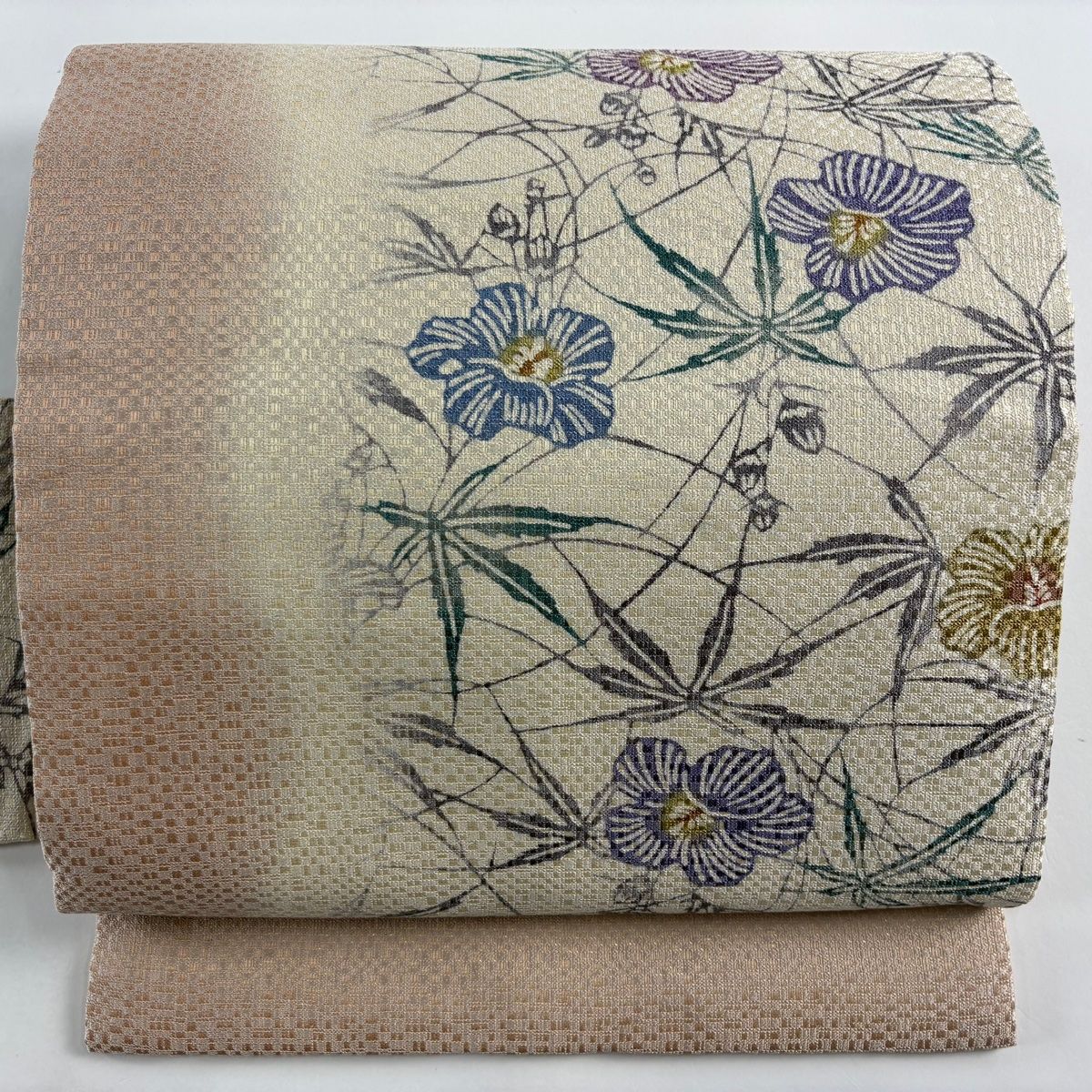 名古屋帯 秀品 草花 金通し 染め分け ベージュ 正絹