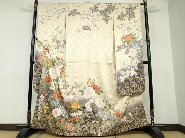 平和屋着物●豪華振袖 草花文 金彩 正絹 DAAY5195ud