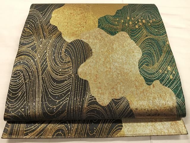 引箔袋帯　黒地　金霞に螺鈿散らし模様　逸品