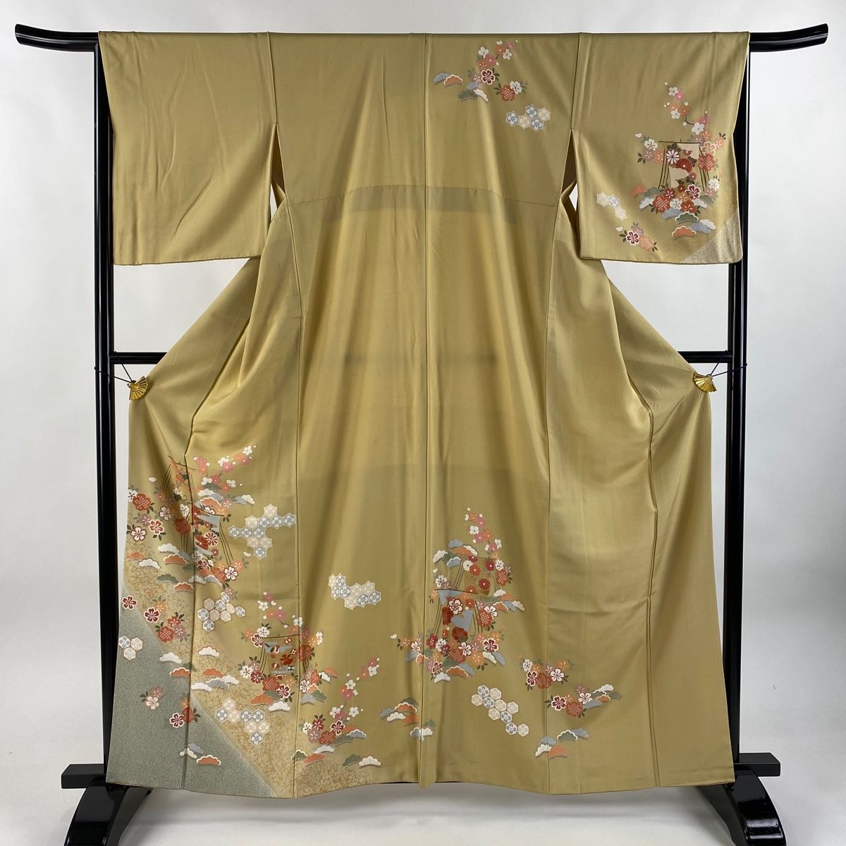 訪問着 身丈162cm 裄丈66cm M 袷 帆 桜 金彩 染め分け からし色 正絹 秀品